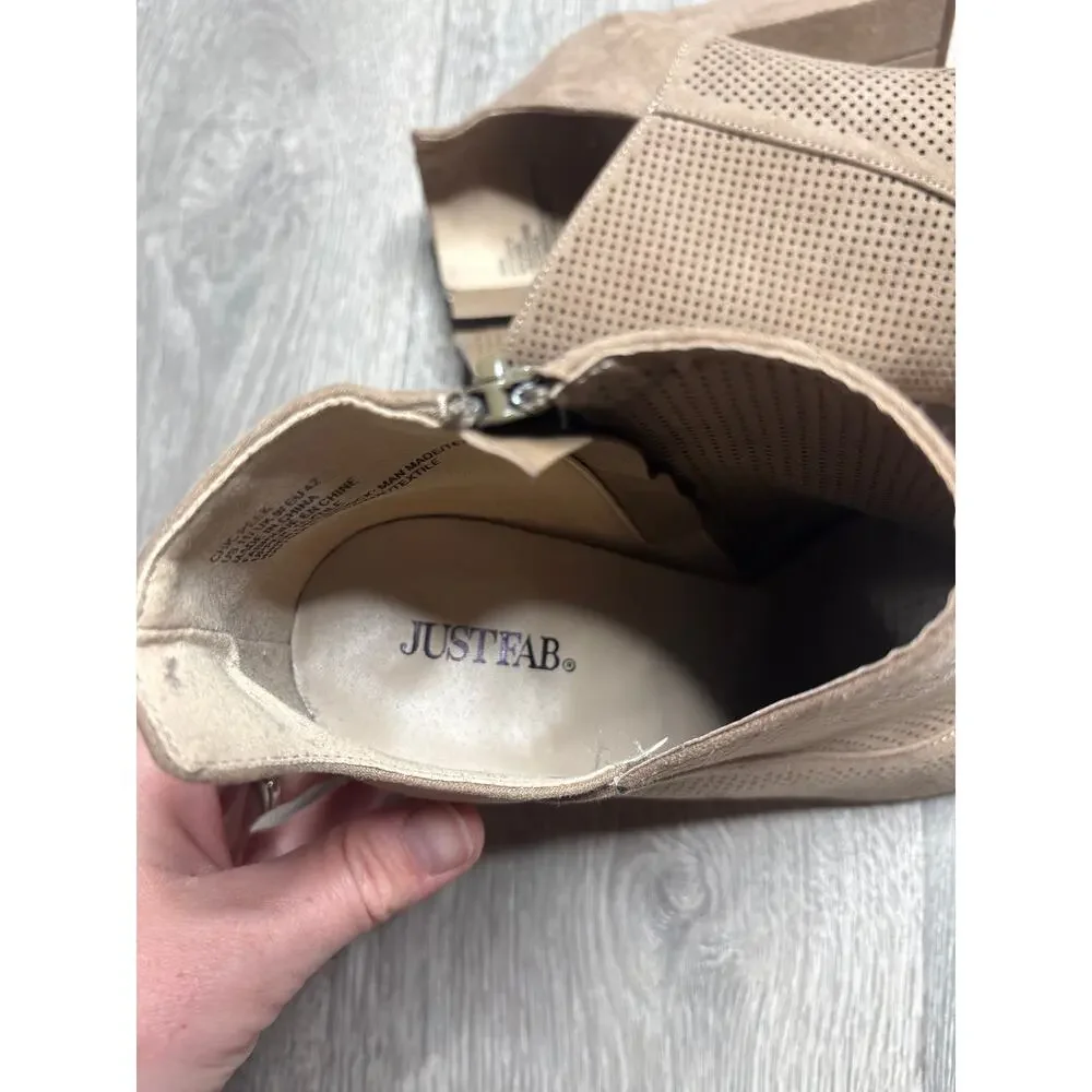 JustFab Chic Peek Perforated Ankle Boots Size 11 Taupe Tan Open Side Pointed Toe - Picture 6 of 10